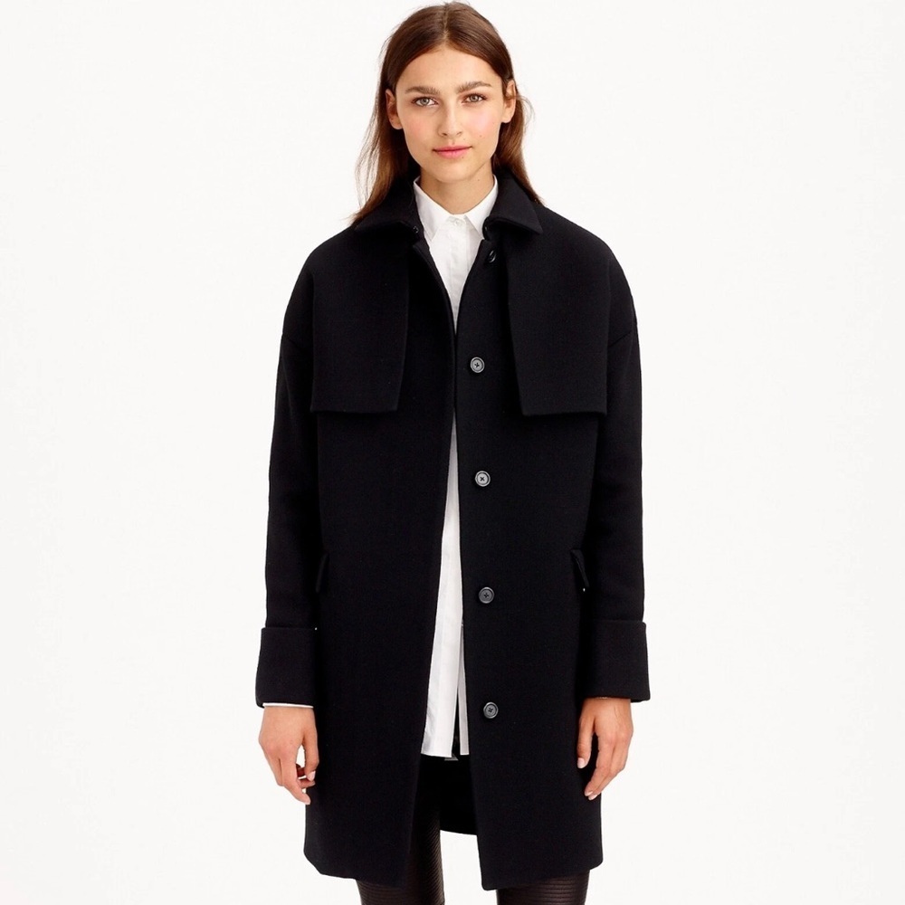 J. CREW COLLECTION BLACK WOOL DOUBLE CLOTH OVERSIZED TRENCH STYLE OVER COAT